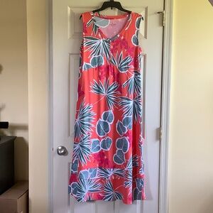 Cuddl Duds Flexwear V-Neck Maxi Dress Coral Tropical SZ L